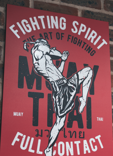 Closeup of The Art of Fighting wall art in the Saint Muay Thai Gym