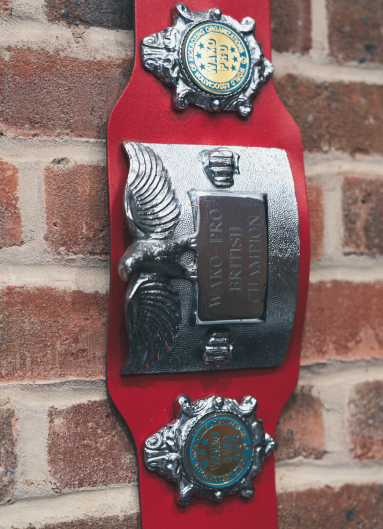 Closeup of a British Champion Title WAKO Pro belt